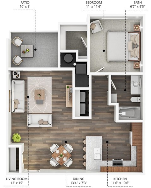 Floor plan for 1 bed, 1 bath, 804 sqft